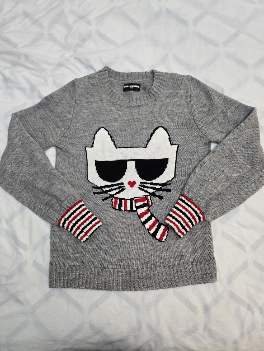 Karl Lagerfeld Light Gray Ribbed Knit Crewneck Sweater